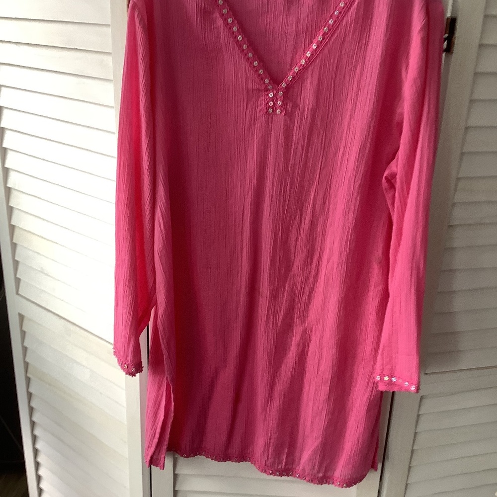 Pink jeweled long sleeve swim cover up